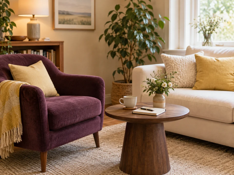 Concept consultation space with plum seating, warm light, and a leafy plant