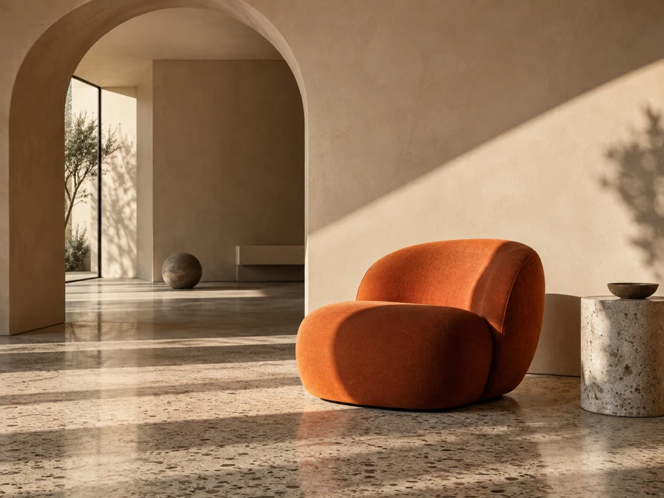 Concept interior with an orange sculptural chair and sunlit arch