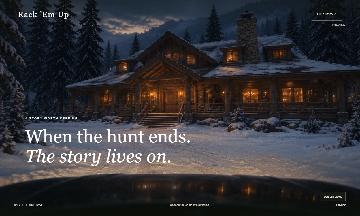 Rack ’Em Up Taxidermy homepage: a snow-covered cabin with the headline When the hunt ends. The story lives on.